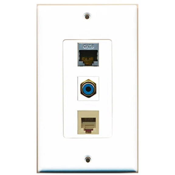 RiteAV - 1 Port RCA Blue and 1 Port Phone RJ11 RJ12 Beige and 1 Port Shielded Cat6 Ethernet Decorative Wall Plate Decorative