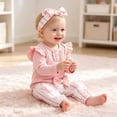 thumbnail image 2 of Enyan Infant Baby Girls Fall Outfits Ruffle Long Sleeve Ribbed Bodysuit Romper Flare Pants Set Cute Winter Clothes（Size 0-3 Months）, 2 of 9
