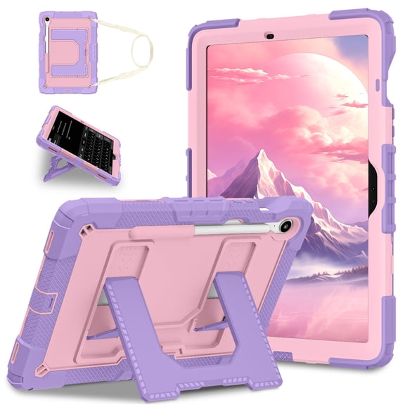 Rugged Case for Samsung Galaxy Tab Tab S10 Lite / S10 FE / S9 FE 5G / S9 Tablet Case 10.9"/11", 3-Layers TPU PC with Shoulder Strap S Pen Holder Shockproof Stand Kids Friendly Case,Purple Rosegold
