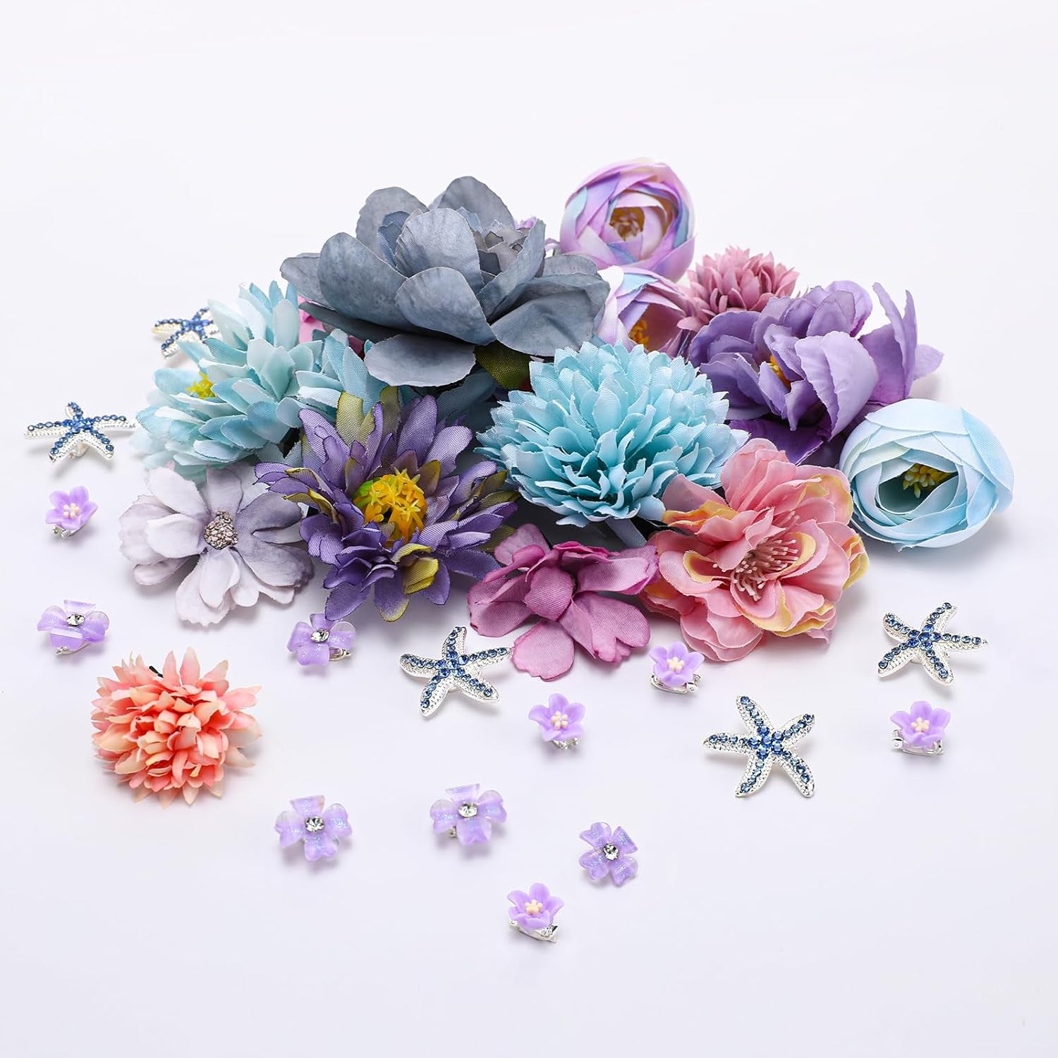 21pcs Blue Purple Silk Flower and Mini Starfish Small  Floral Hair Claw Clips Set for Women Girls Bridal Wedding Sweet Bangs Strong Hold Braid Hairstyles Decorate Accessories