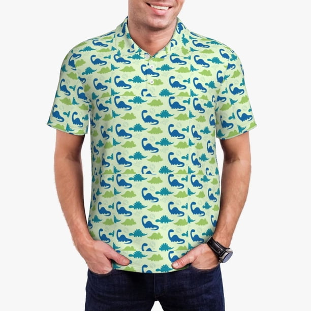 Balery Cute Dinosaur Blue Green Camisa Polo de Hombre con Estampado, de Manga Corta y Tejido Medio, Camisa Tipo Golf Polo-3X-Large
