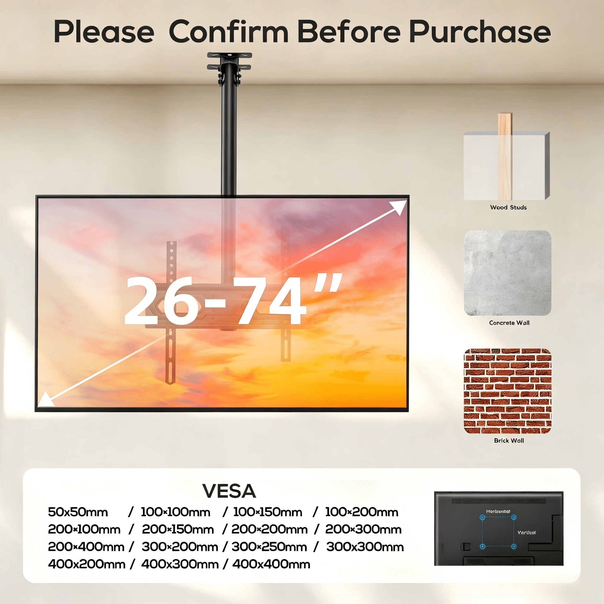 USX MOUNT Ceiling TV Mount for 26-74 inch TVs & Supports up to 110 Lbs, 360° Swivel, 6 Adjustable Height Setting, Full Motion TV Wall mount Max VESA 400x400mm