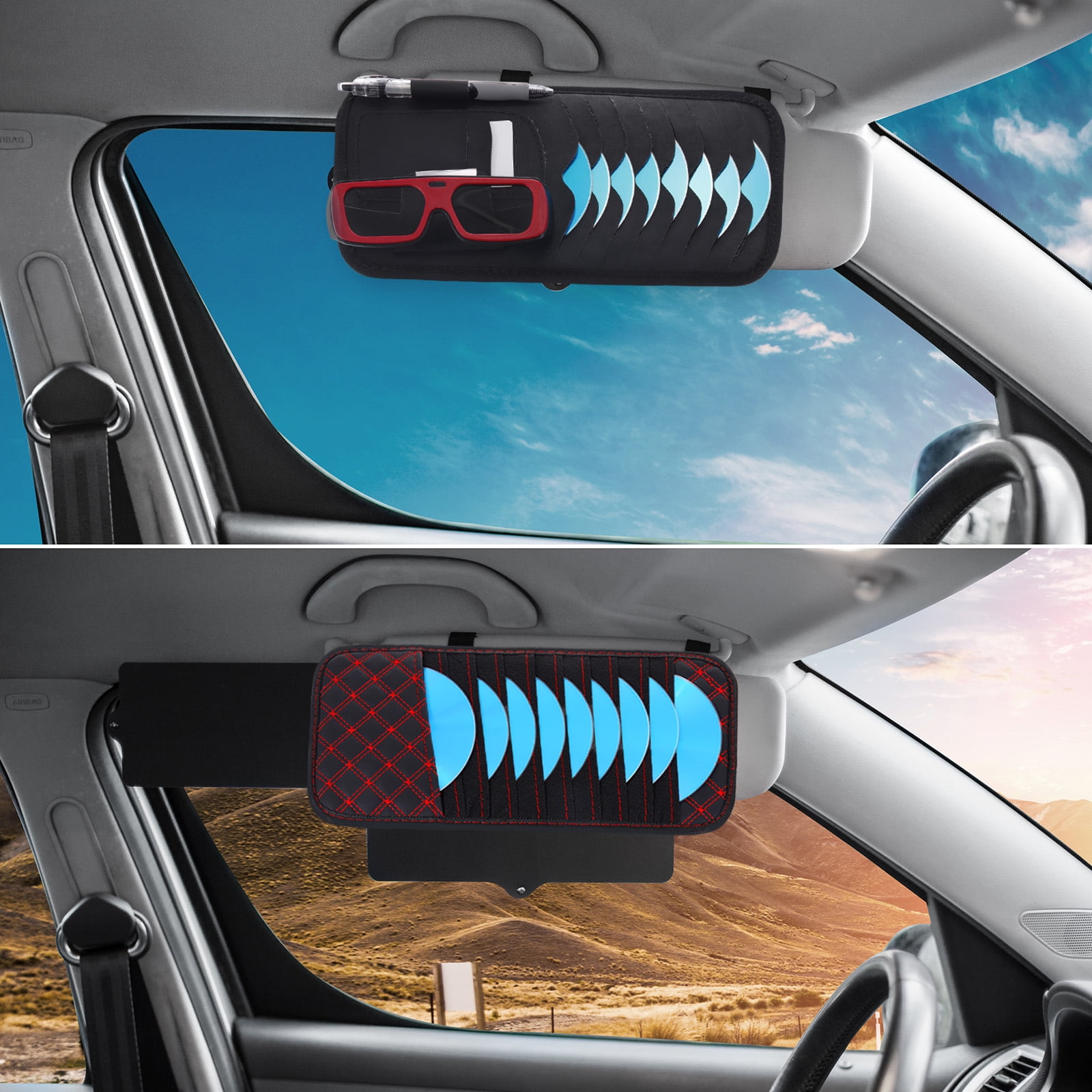 Unique Bargains Visor CD PU Leather Storage Dividers with Strap for Car Visor Black Red