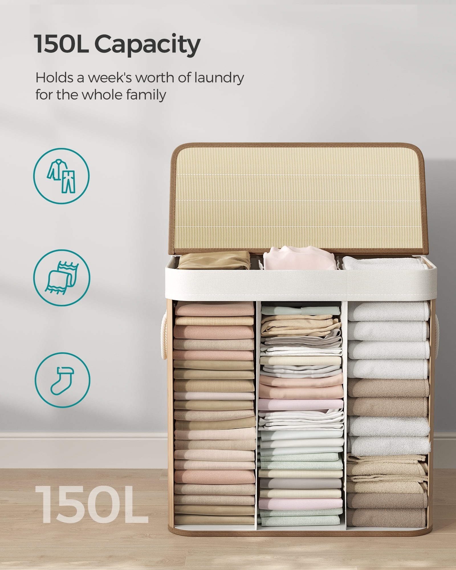 SONGMICS 39.6 Gallons Laundry Hamper, 3-Section Laundry Basket, Laundry Hamper with Lid, Bamboo, Foldable, Removable and Machine Washable Liner Natural