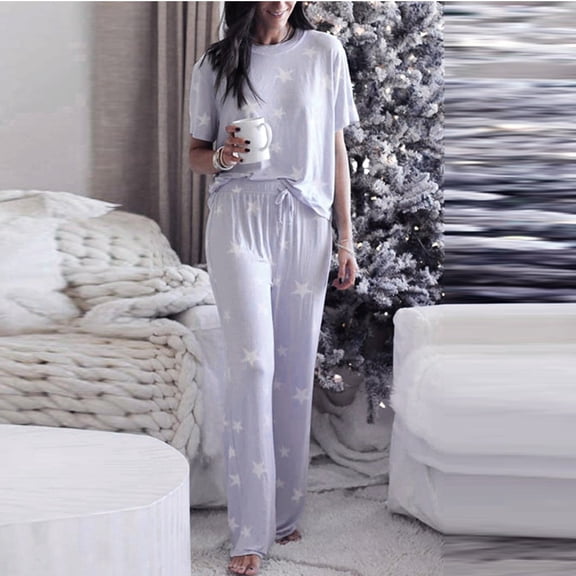 Hot Sales CNJKEHIUV Under $12 Women Printed Sleepwear Round Neck Short Sleeve Tops with Long Pants Pajama Set Grey S