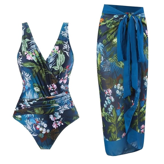 2026 New Womens Tankini Swimsuit with Beach Cover up Wrap Skirt Flower Print Summer Tankini Set Two Piece Bathing Suit(Navy,M)