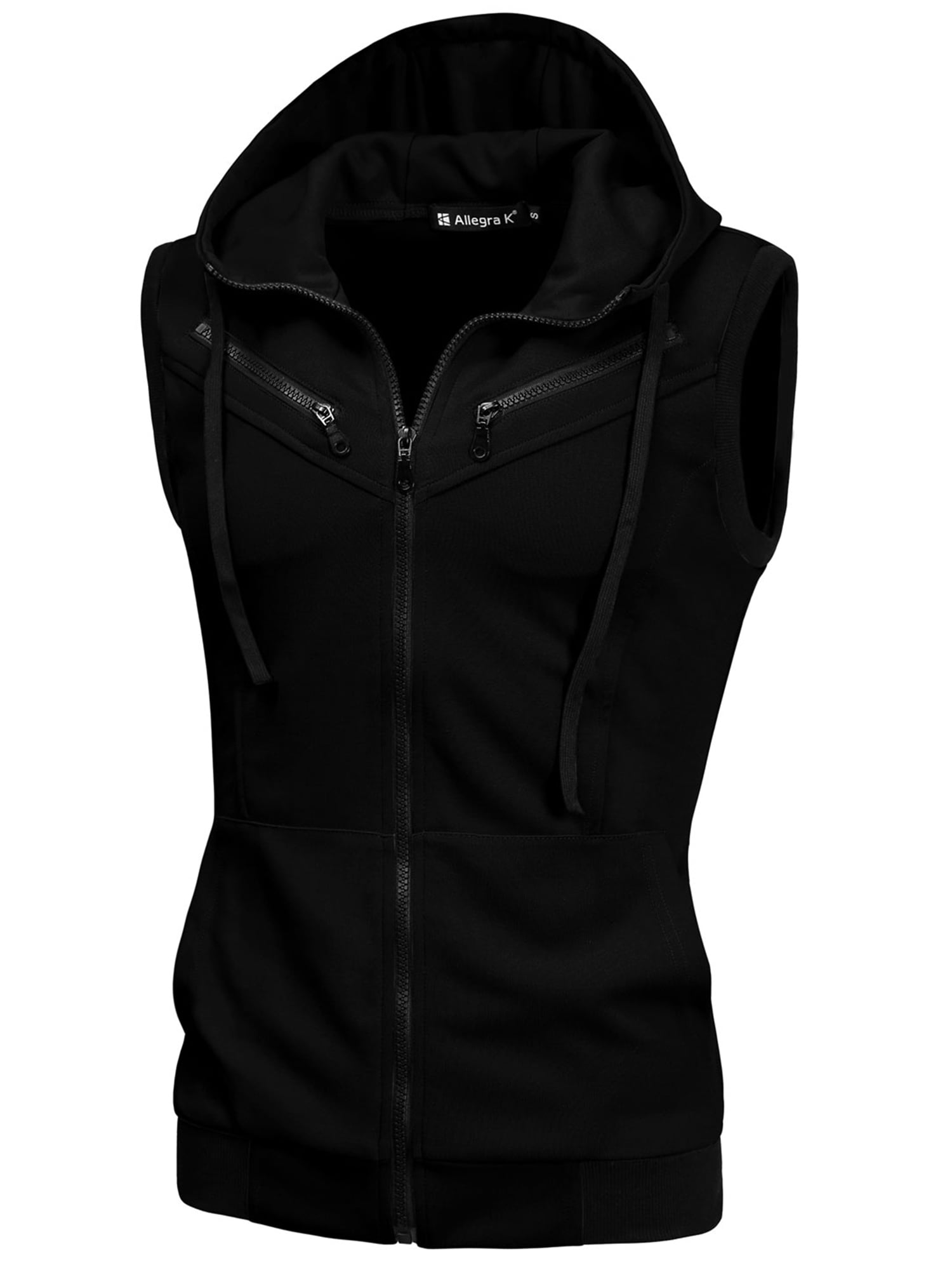 Unique Bargains Men's Sleeveless Zip Up Drawstring Hooded Vest 50 Black