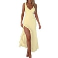 thumbnail image 3 of Women V Neck Sleeveless Mesh Ruffle Hem Bodycon Maxi Casual Backless High Slit Cocktail Party Dress Yellow M, 3 of 8