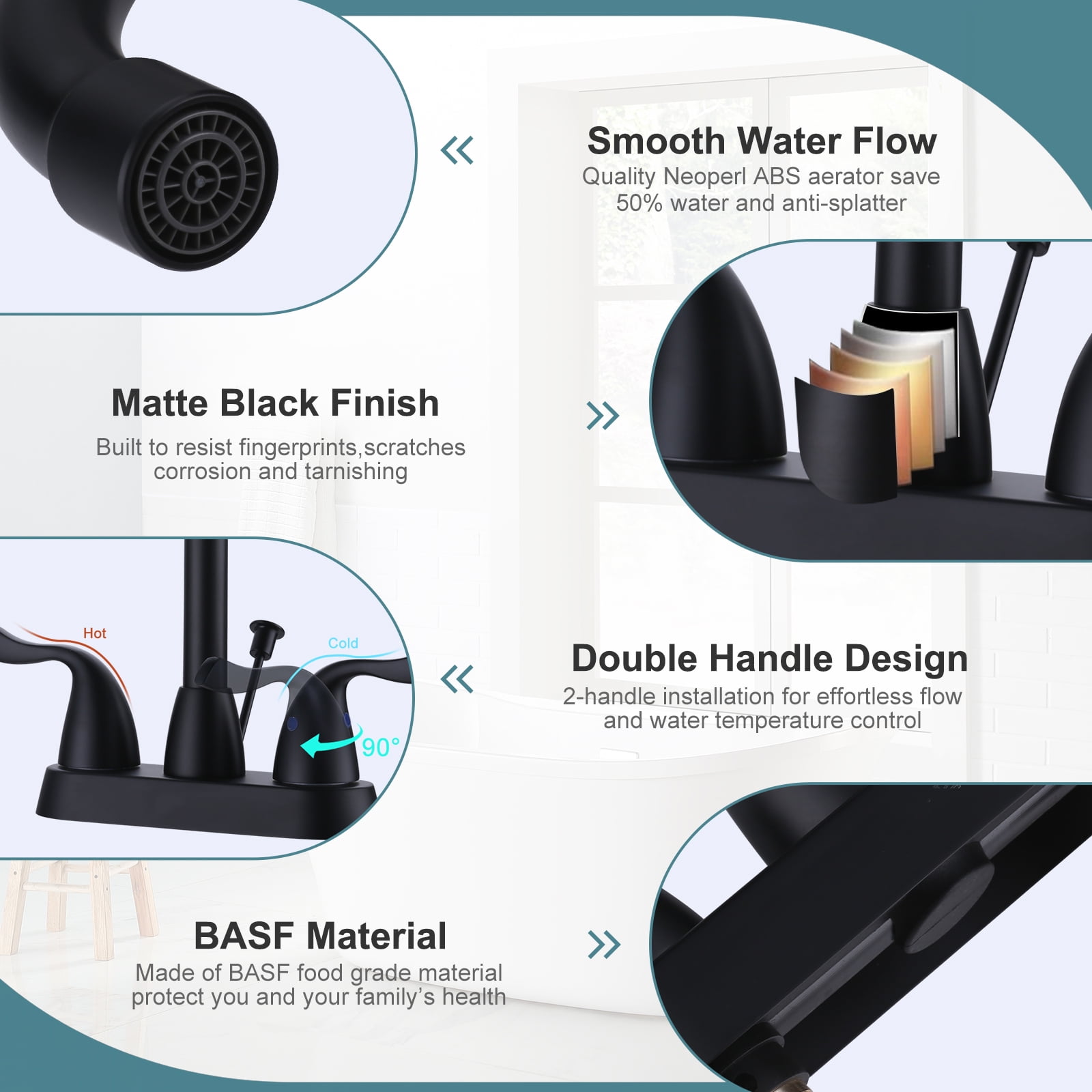 WOWOW Matte Black Bathroom Faucet, 2 Handle Basin Faucet, 4 Inch Centerset Bathroom Faucet with Drain Assembly and Supply Hoses, Bathroom Sink Faucet Black