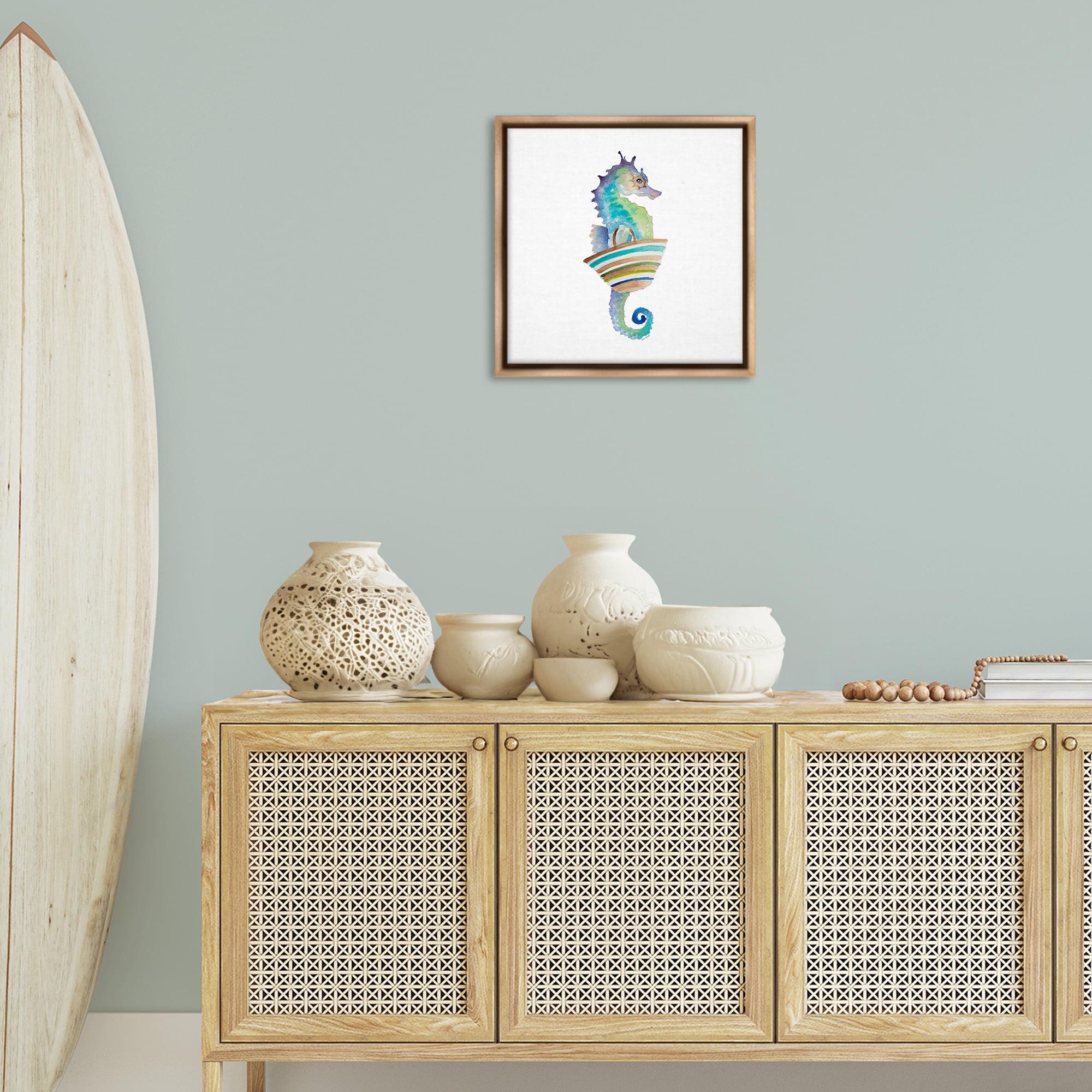 Stupell Industries Summer Ready Seahorse Novelty Painting Brown Floater Framed Canvas Art Print Wall Art, 18 x 18