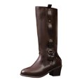 thumbnail image 5 of Brown Knee High Boots Women Wide Calf Vintage Leather Stacked Heel Zipper Strappy Long Winter Riding Booties, 5 of 6