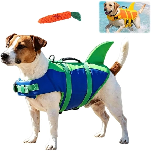 Shark Dog Life Jacket with Chin Float and Sturdy Handle for Puppies and Adults,High Buoyancy Dog Floating Swim Vest(Blue,X-Small)