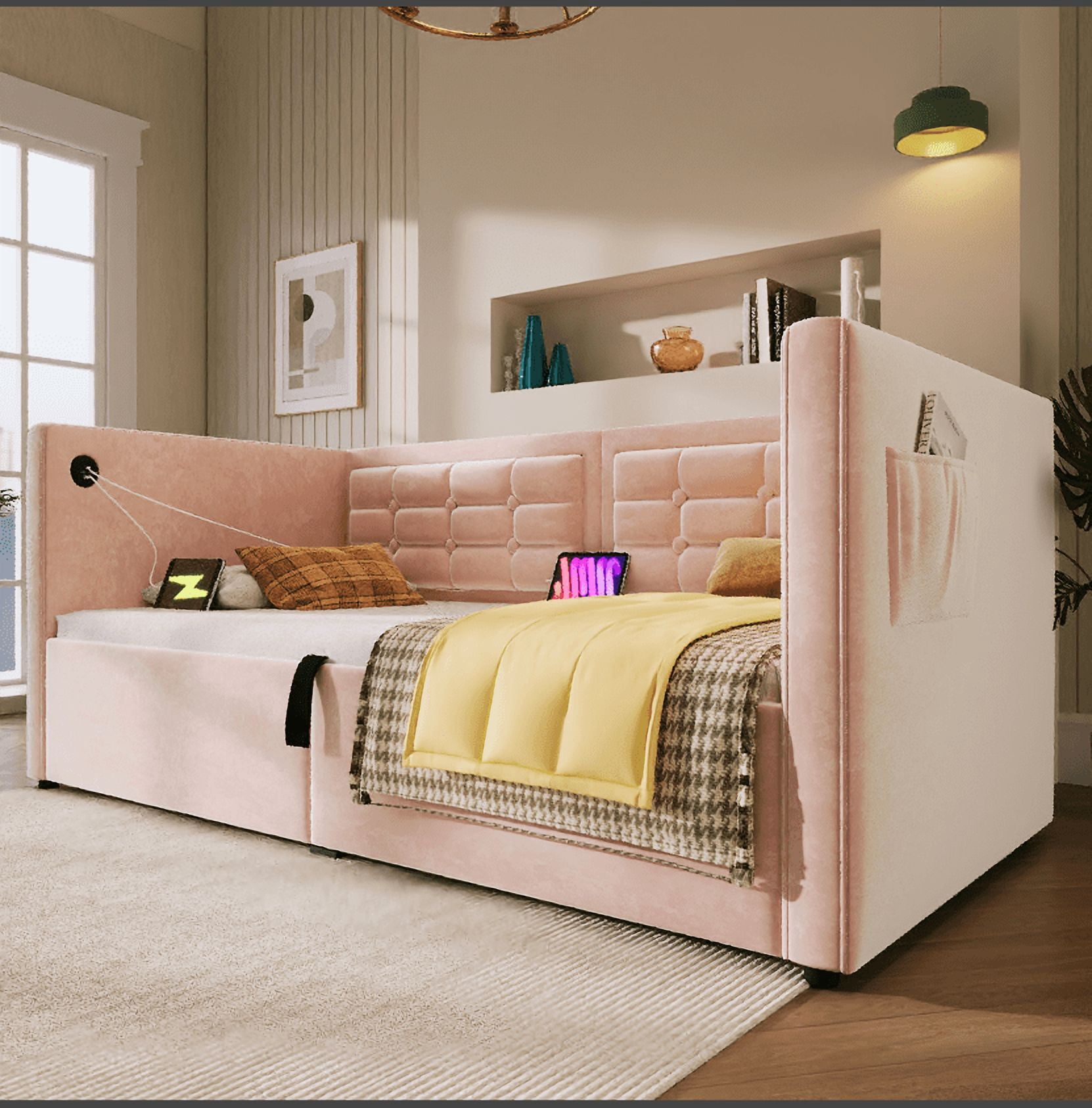Euroco Upholstered Twin Size Daybed with Hydraulic Storage, Sofa Bed with USB Charging Station, Pink
