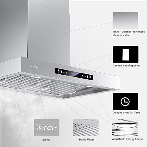 IKTCH 30 Wall Mount Range Hood 900 CFM Stainless Steel Kitchen Chimney Vent with Gesture Sensing & Touch Control 2 Pcs Adjustable Lights 2 Pcs Baffle Filter IKP02R-30 Ducted/Ductless Convertible 