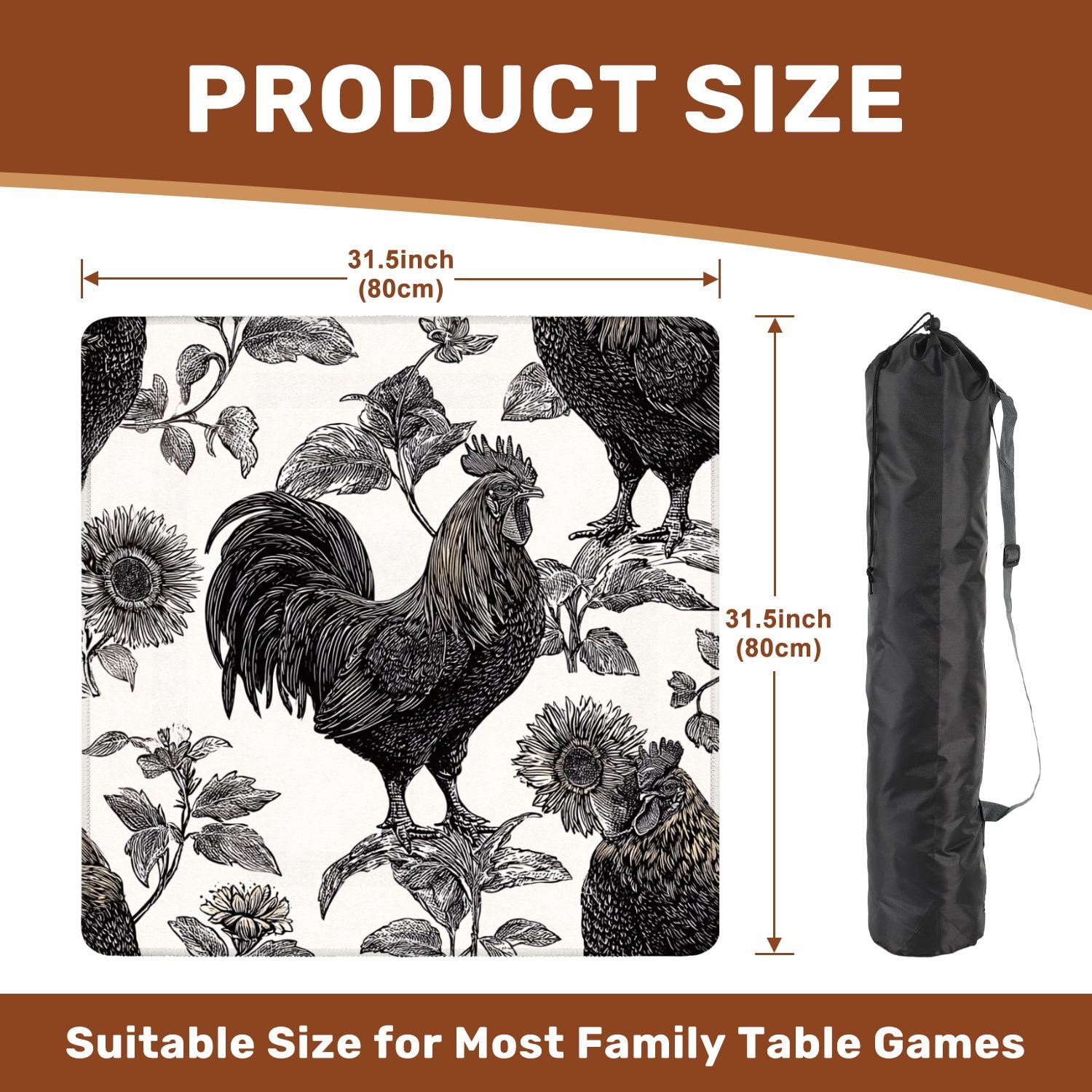 Mahjong Mat 31.5" x 31.5" Seamless Chicken rooster hen sunflowers Decorative Non-Slip Noise Reduction American Mahjong Tiles Table Cover for Dominoes Poker Card Board Games Gift