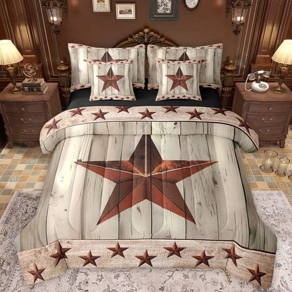 Manfei Rustic Texas Stars 7-Piece Twin Bedding Sets,Country Farmhouse Lodge Bedding Comforter Set,Old Wooden Board Sheet Sets For Boys Kids,Ultra Soft Home Decor Reversible