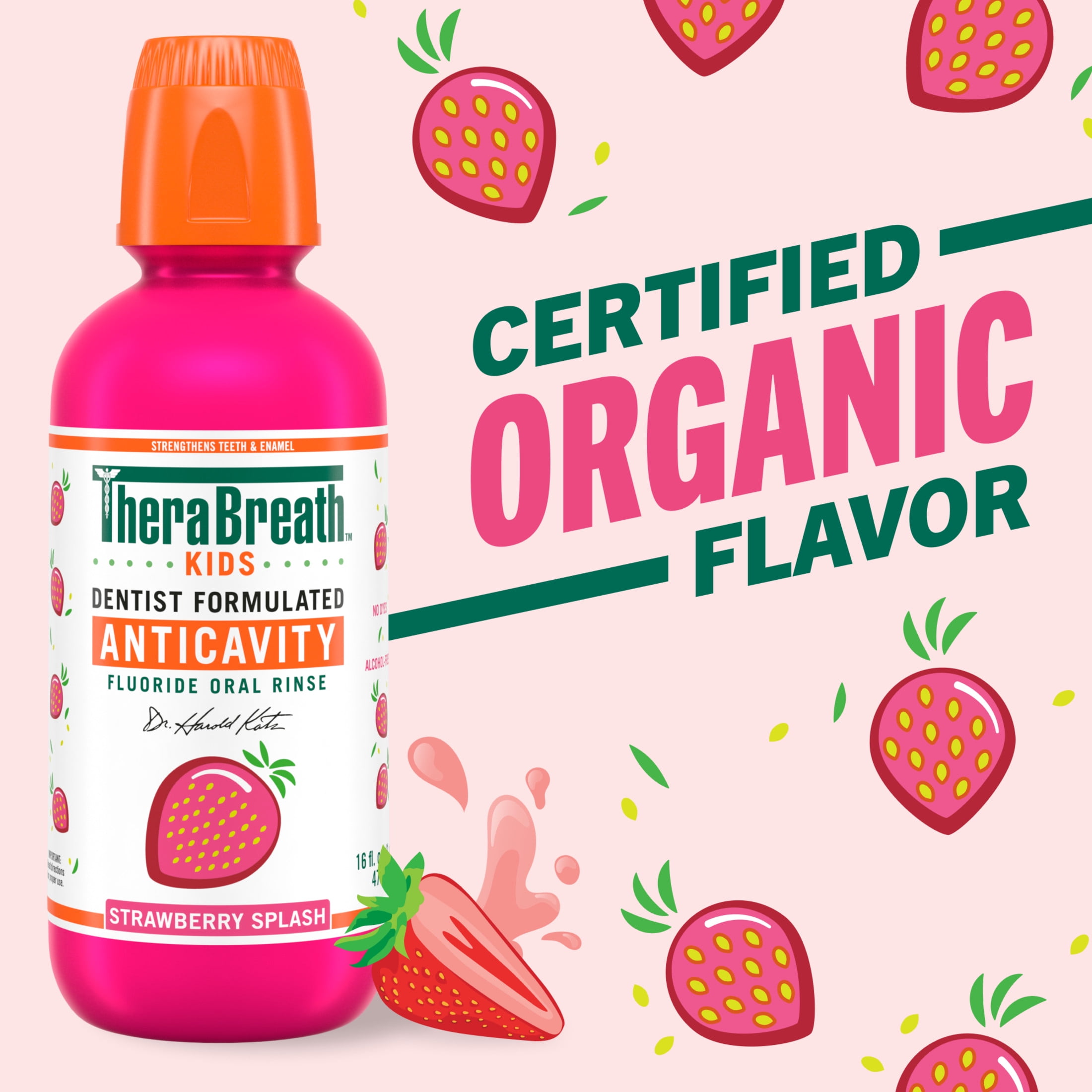 (4 pack) TheraBreath Kids Mouthwash with Fluoride, Organic Strawberry Splash, Anticavity, 10 fl oz