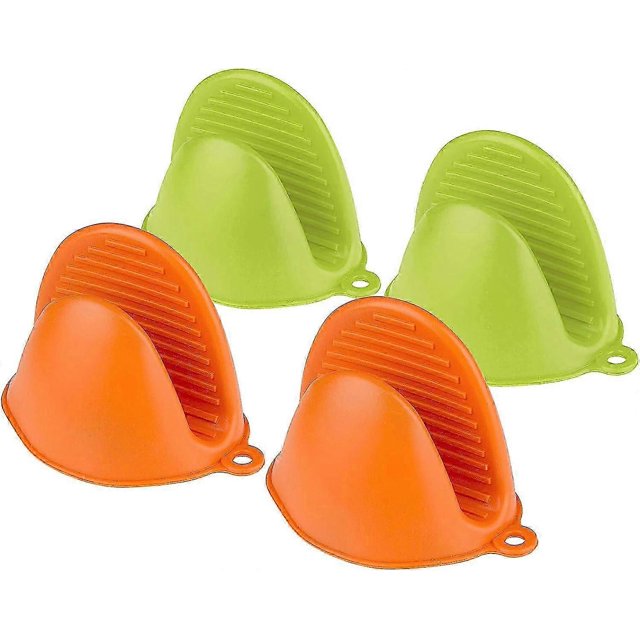 Silicone Oven Mitts, 4pcs Silicone Kitchen Pot Holders, Silicone Pot Holder Mini Oven Heat Resistant Oven Mitt Pot Holder (Green+Orange)
