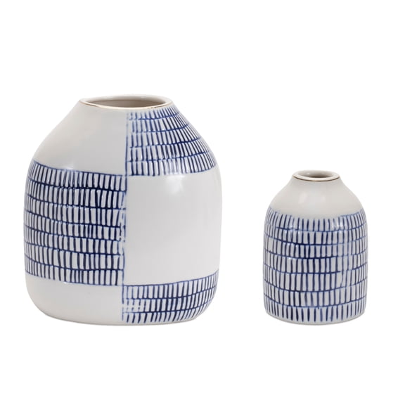 Melrose Etched Checker Ceramic Bud Vase - 6.5" - White and Blue - Set of 2