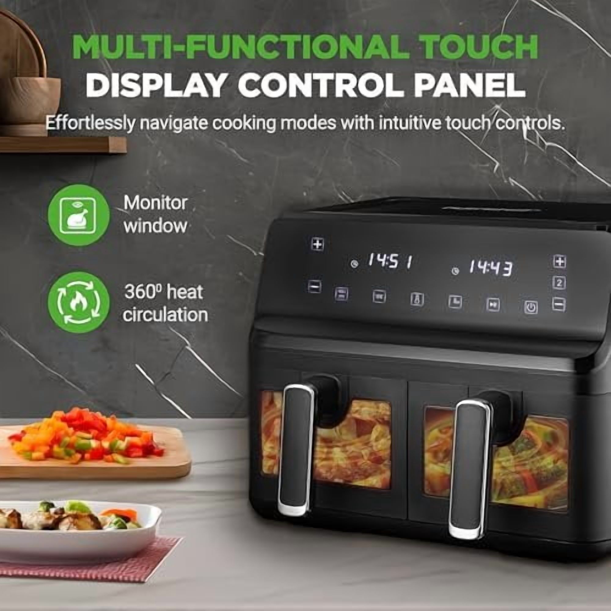 NutriChef Double Basket Air Fryer 8.8 QT Family Size Oil Free Digital Cooker with Transparent Window 9-1 Preset Cooking Options 360 Hot Air Circulation Technology 4.4 QTs per Basket Black