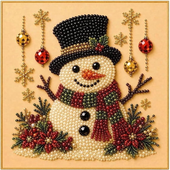 DIY Christmas Pearl Diamond Painting Art Kit with Frame, Christmas Pearl Beads Art Craft for Adults Beginner, Gemstone Diamond Dots Beads for Home Wall Decor, Healing Stress-Relieving (Snowman)