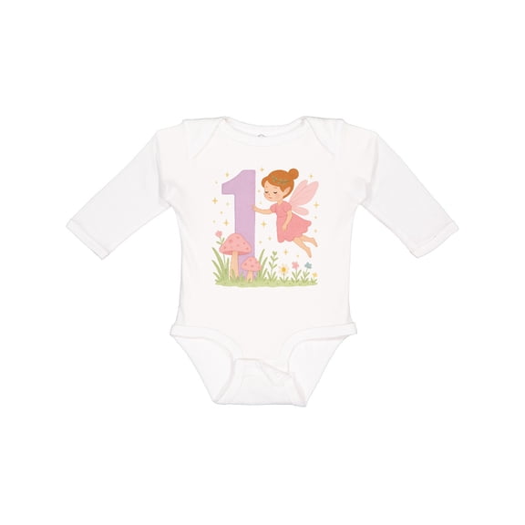Inktastic 1st Birthday Fairy with Mushrooms and Flowers Boys or Girls Long Sleeve Baby Bodysuit