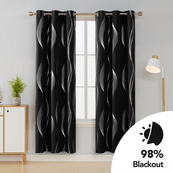 Deconovo Home Decoration Silver Wave Line Foil Printed Grommet Blackout Curtains for Bedroom with 42x72 inch 1 Pair Black