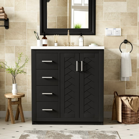 Newboti 30" Bathroom Vanity with Ceramic Sink Combo,Solid Wood Frame Bathroom Storage Cabinet, Freestanding Vanity Set with 3 Drawers& Soft Closing Doors 247919786391924