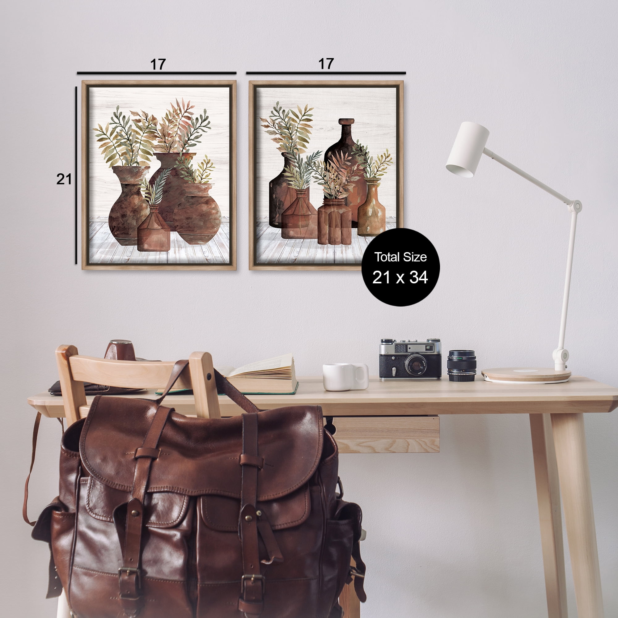Stupell Industries Rustic Jars of Flowers Floral & Botanical Painting Brown Floater Framed Canvas Art Print Wall Art, 17 x 21, Set of 2