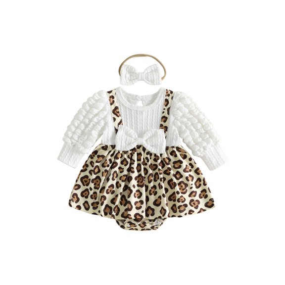 RUINIXCW Baby Girl Fall Bodysuit Long Sleeve Leopard Print Romper Dress and Headband