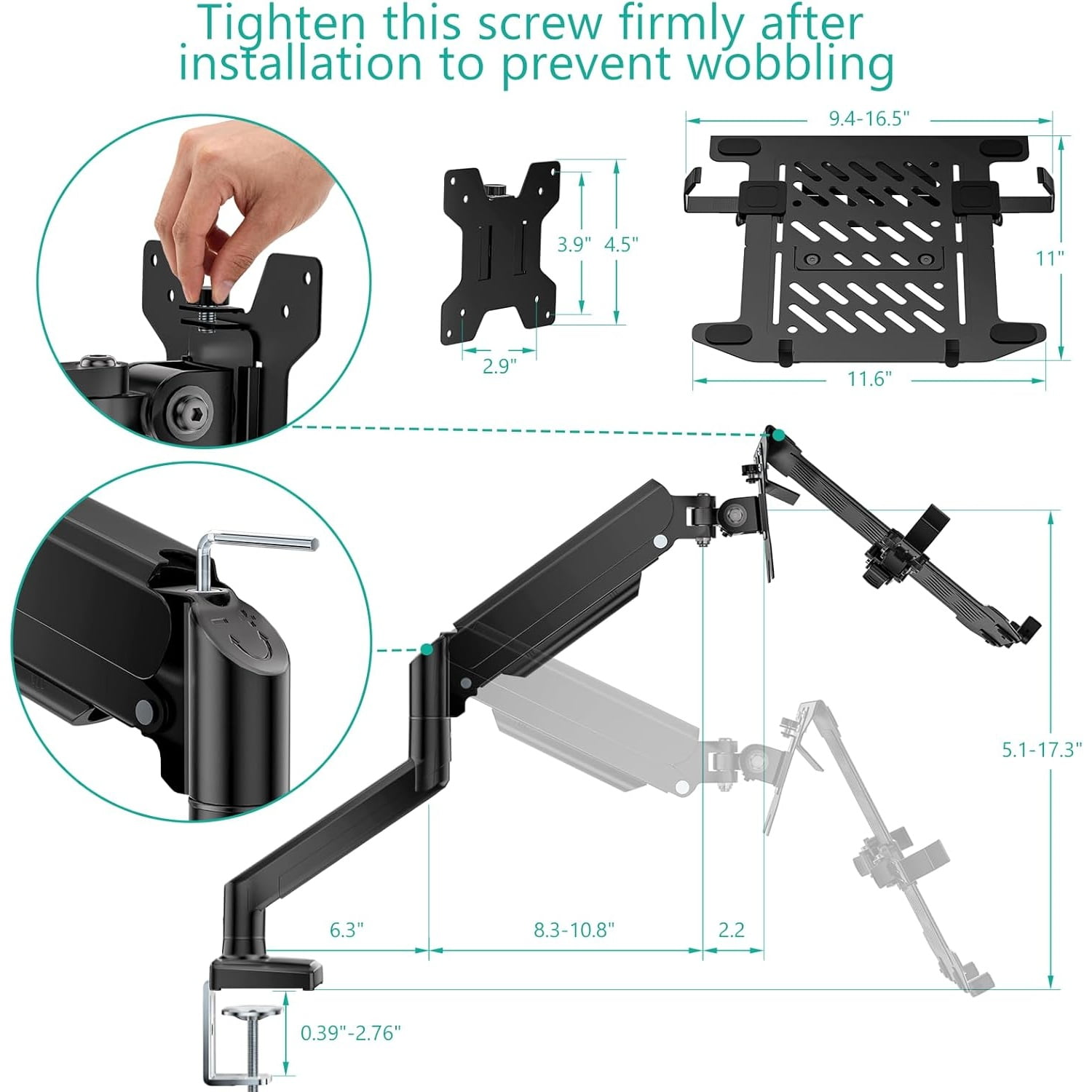 Laptop Desk Mount, 2-in-1 Monitor Mount with Adjustable Laptop Tray, Fits Max 17" Notebook and 34" Computer Screen, Max Holds 22-26.4 lbs, Single Monitor Laptop Stand for Desk , Black