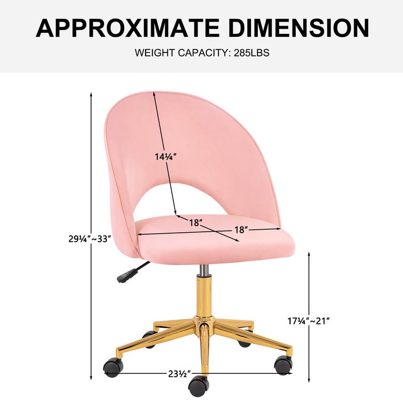 Modern Upholstered Office Chair, Adjustable Armless Desk Chair with Gold Metal Base and Rolling Casters, Accent Vanity Chair for Home Office, Bedroom, Makeup Room,Pink