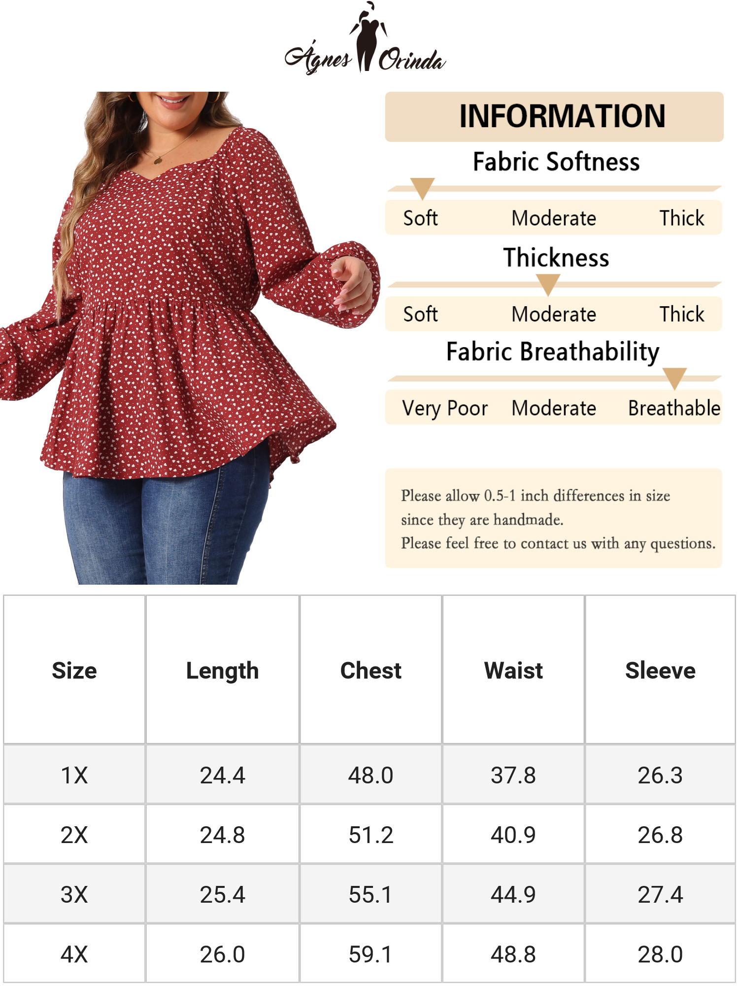 DARING DIVA Women's Plus Sweetheart Neck Long Sleeve Peplum Blouse 3X Burgundy