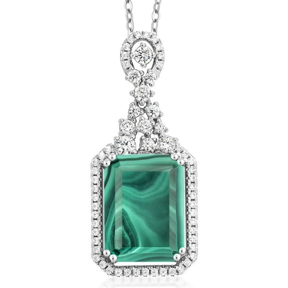 Gem Stone King 925 Sterling Silver Green Malachite Pendant Necklace for Women (10.60 Cttw, Emerald Cut 14X10MM, with 18 inch Silver Chain)