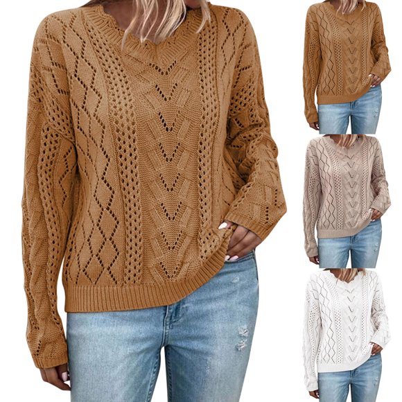 Sudadera con capucha para mujer,Suéter de punto con cuello en V para mujer, top acrílico de manga larga, jersey informal de color sólido para el hogar, sopatenor
