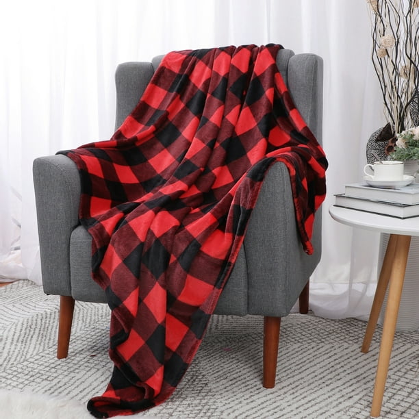PiccoCasa Decorative Plaid Flannel Fleece Blanket, Red and Black Throw