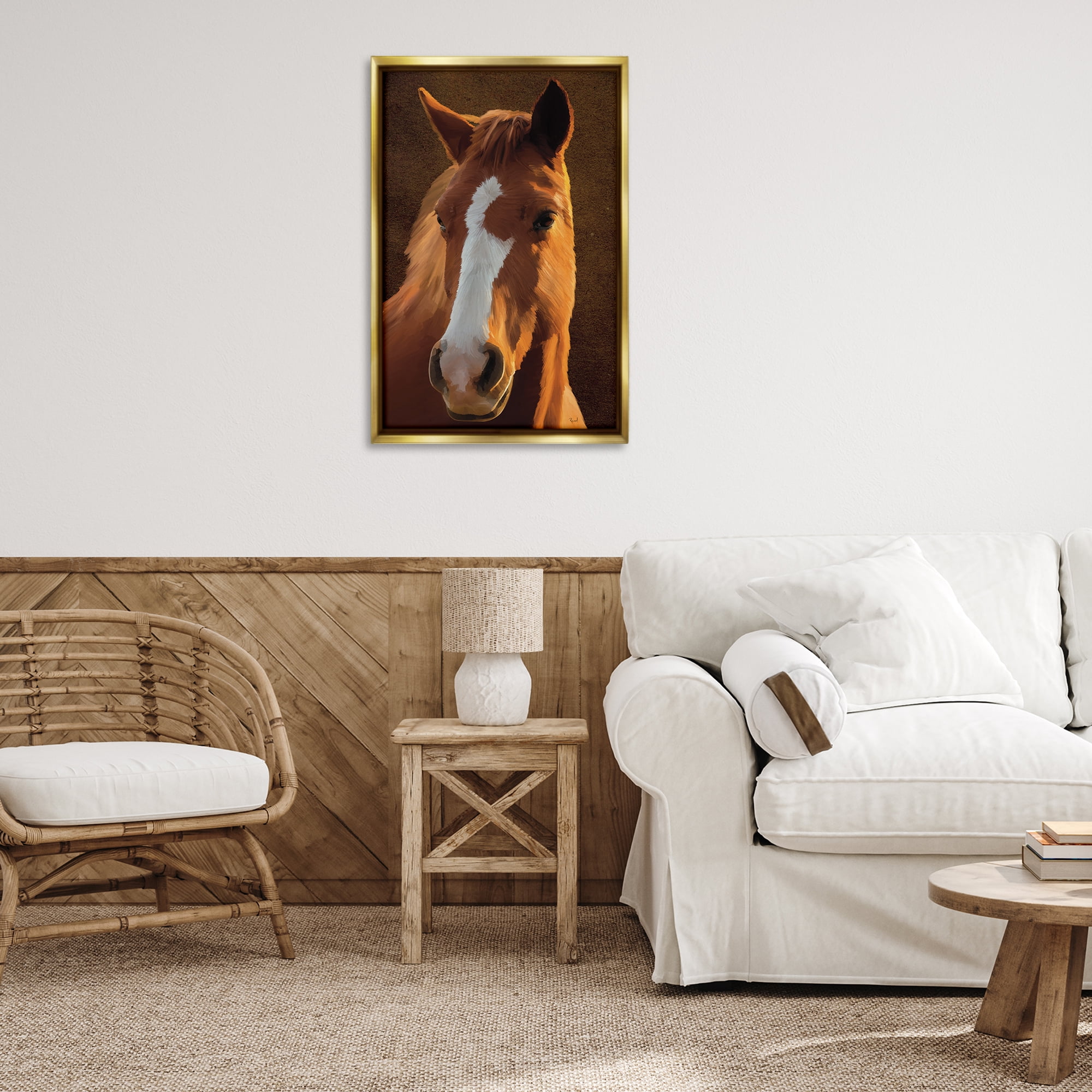 Stupell Industries Bella Brown Horse Face Animals Painting Gold Floater Framed Canvas Art Print Wall Art, 21 x 31