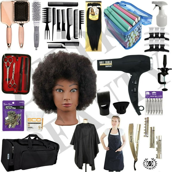 NATURAL HAIR CARE & BRAIDING COSMETOLOGY STUDENT KIT Braiding Hair Cosmetology Set Afro Manikin Head Mannequin Blow Dryer Brush Travel Bag USA