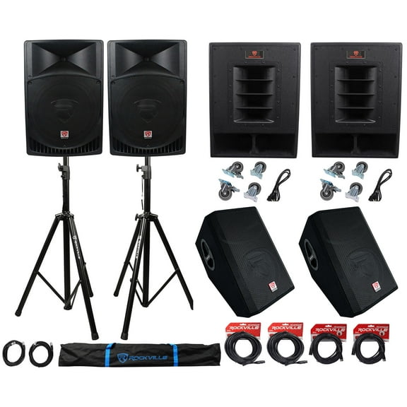 Rockville PA System w/ 15" Speakers 15" Subwoofers 12" Monitors and Stands and Cables