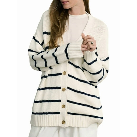 Women Oversized Cardigan Sweater 100% Cotton 2025 Fall Fashion V Neck Knit Button Front Casual Trendy Tops White L