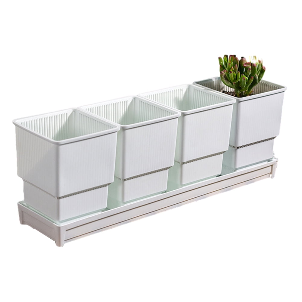 CSCHome 4 PCS Rectangle Plant Pot Plastic Breathable Planter with Drainage Holes and Tray High-Waisted Flowerpot for Succulents Gardening Home Window Decor