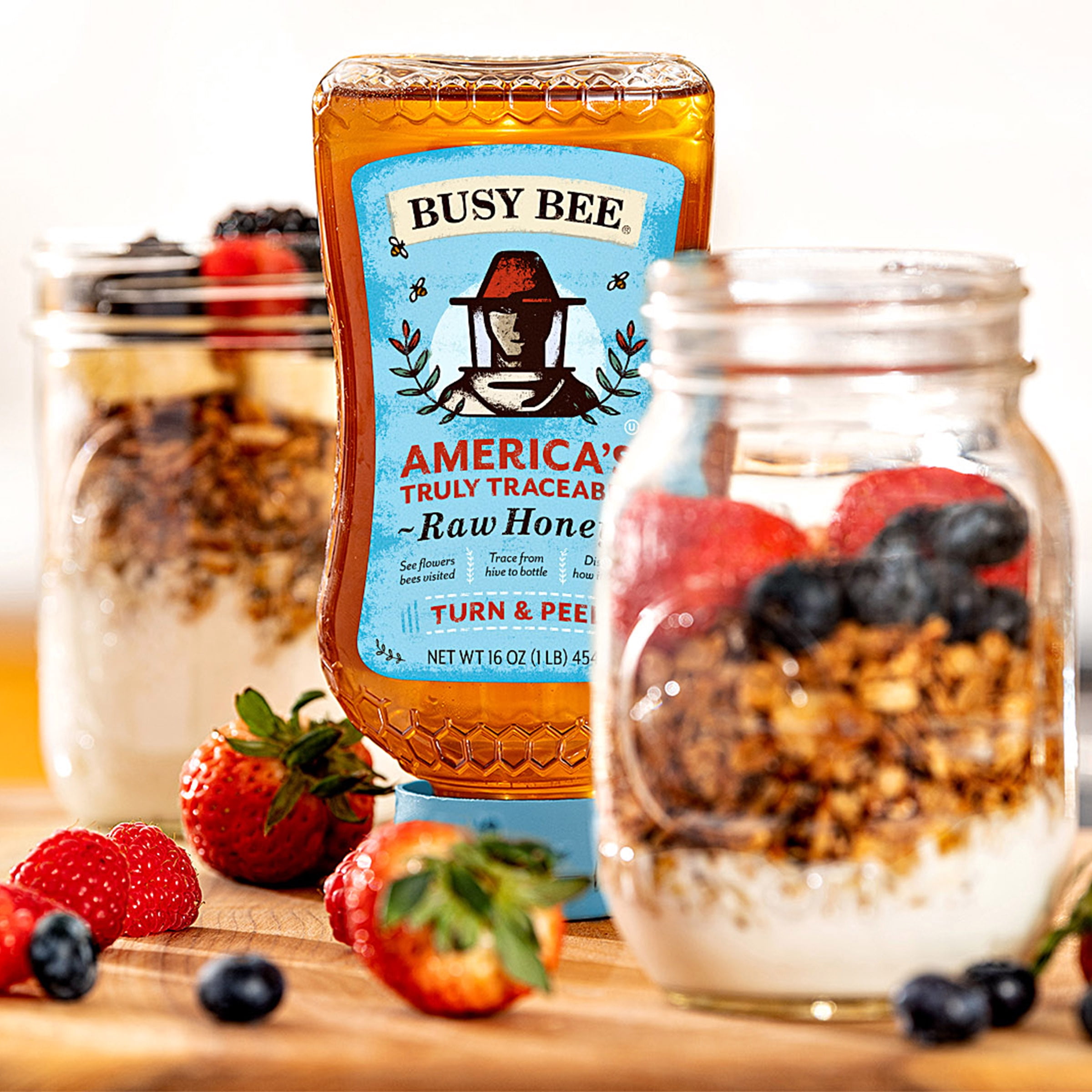 Busy Bee Raw USA Honey, 100% Traceable, 16 oz Squeeze Bottle, Peel The Back Label to Trace, No Allergens