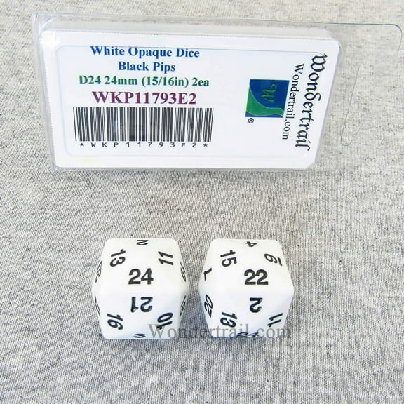White Opaque Dice with Black Numbers D24 24mm (15/16in) Pack of 2 Wondertrail