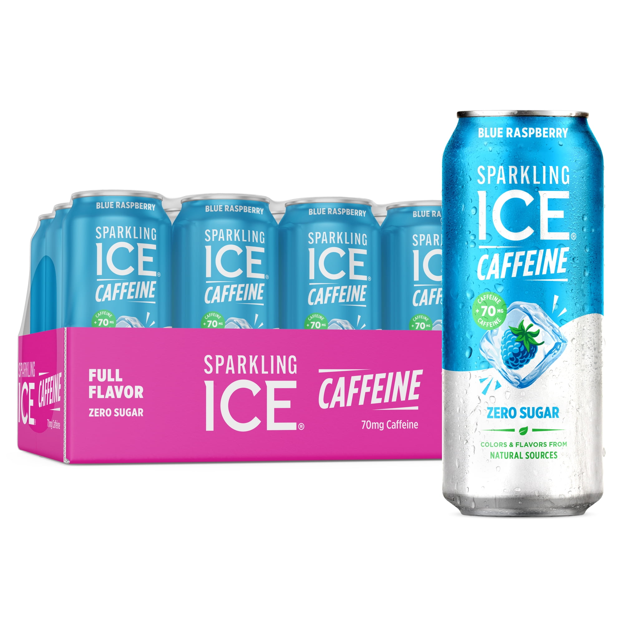 Sparkling Ice Caffeine Blue Raspberry, Flavored Sparkling Water, 16 fl oz (Pack of 12)