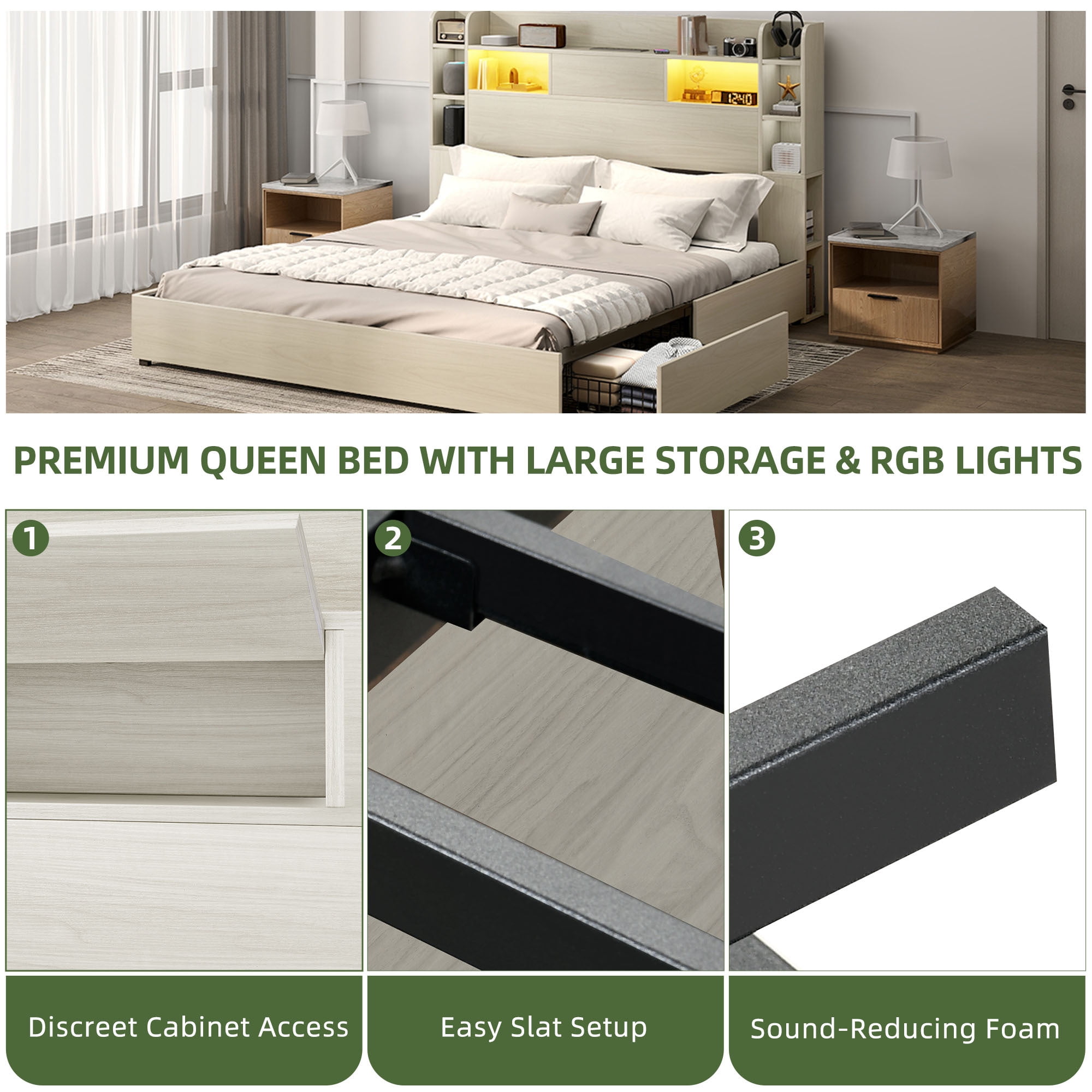 Uforic Queen Size Bed Frame with LED Lights & Bookshelf Headboard, Platform Bed Frame with Charging Station & Drawers, White
