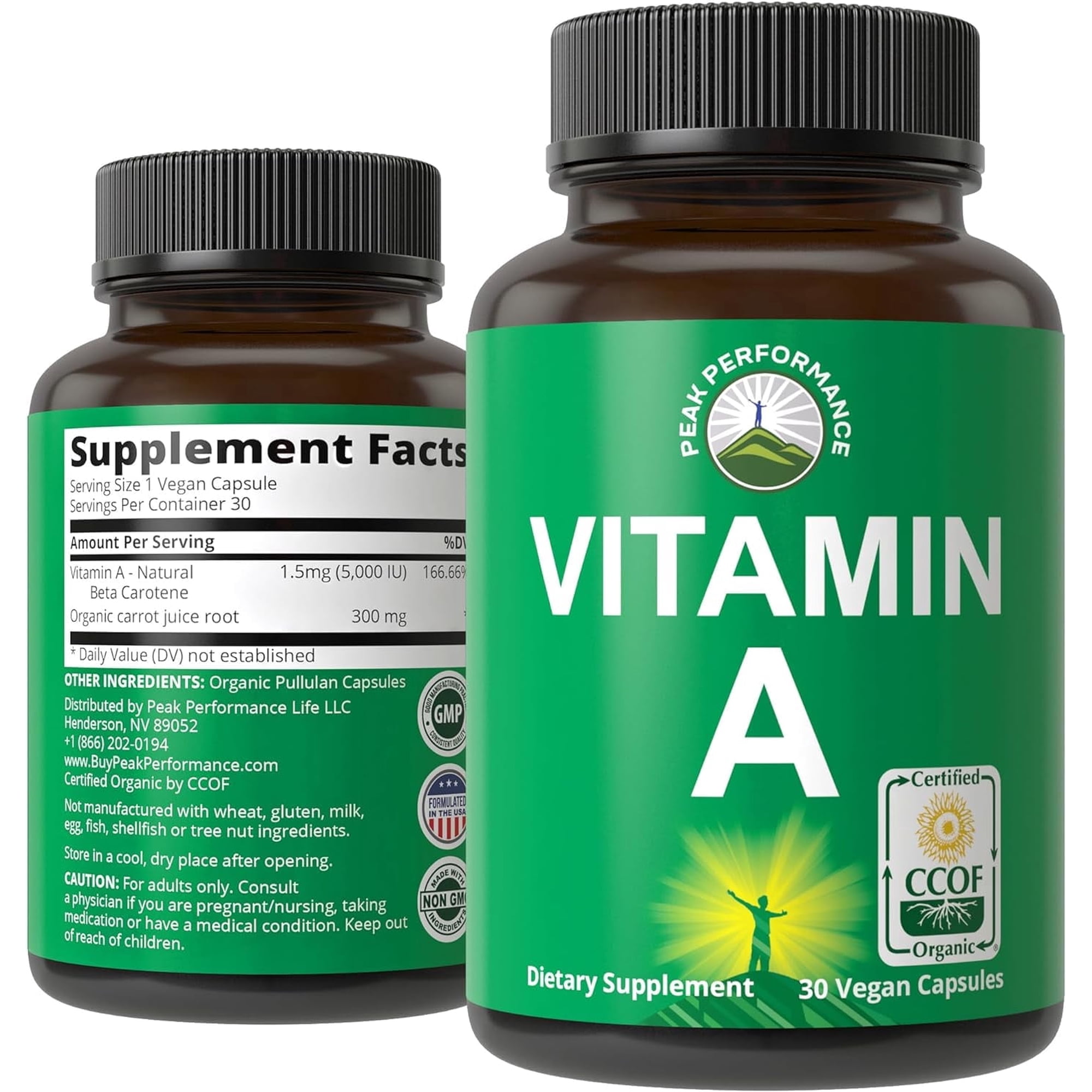 Raw Whole Food Vitamin A Capsules Supplement by Peak Performance. High Potency Vitamins with Organic Carrot Juice. Great for Immune, Skin, Eye Support. Vegan Pills, Tablets