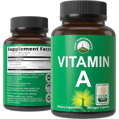 Raw Whole Food Vitamin A Capsules Supplement by Peak Performance. High Potency Vitamins with Organic Carrot Juice. Great for Immune, Skin, Eye Support. Vegan Pills, Tablets