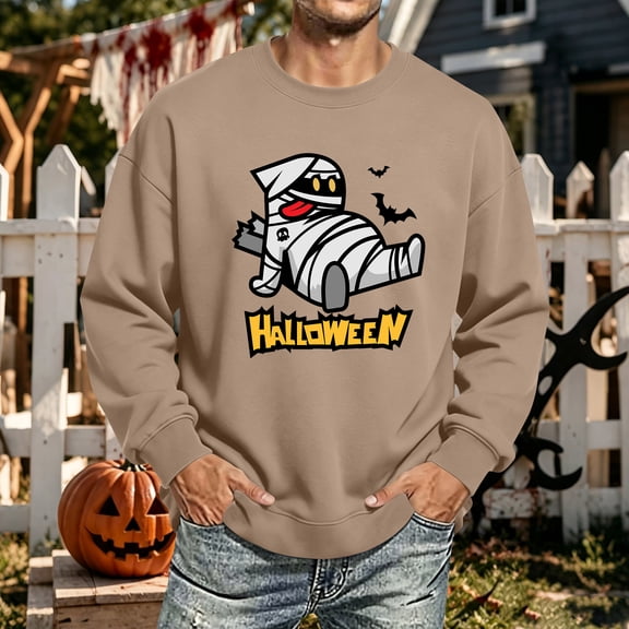 Halloween Themed Sweatshirt for Men Pumpkin Ghost Graphic Casual Long Sleeve Spooky Pullover Sweatshirt New Stylish Comfortable T Shirts Camel XL