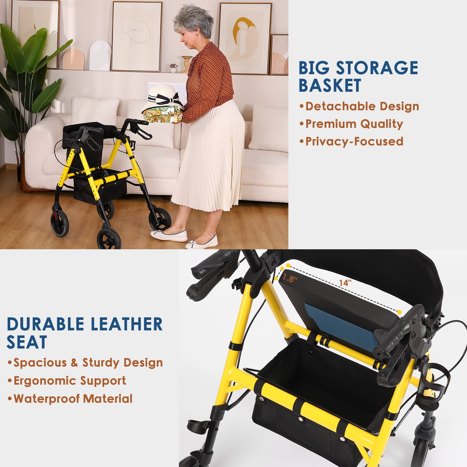 Lightweight Foldable Rollator Walkers for Seniors with Seat - Adult Rolling Walker with Seat and Brakes, 300 lb Capacity, All Terrain 8" Big Roller Wheels, Adjustable Handles and Seat Height, Yellow