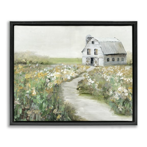Stupell Industries Farmyard Path to Barn Landscape & Nature Painting Black Floater Framed Canvas Art Print Wall Art, 21 x 17